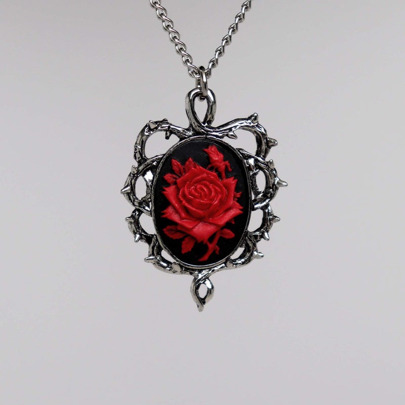 Real Metal Gothic Red Rose Cameo In Thorns Pendant Necklace - Image 5